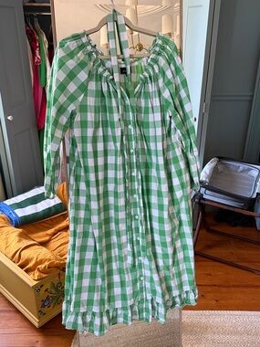 Green and White Gingham Button-Front Dress